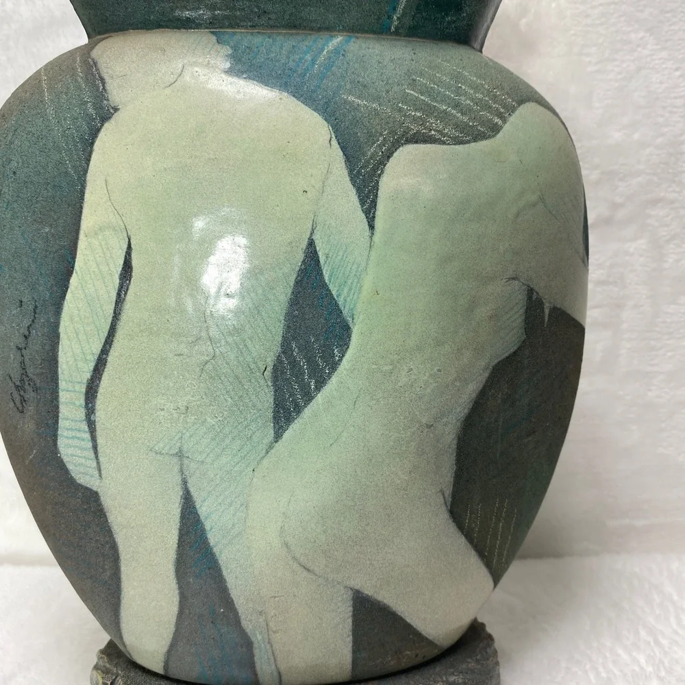 Unique Pottery Ceramic Signed Vase Abstract Design‎ Nude Couple Textured Base